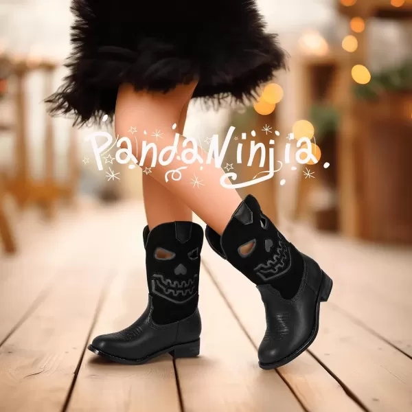 imagePANDANINJIA Girls Cowboy Boots For Boys Kids Toddler Western Mid Calf Cowgirl Boots Riding Shoes With Halloween Skull Element BootiesBlack