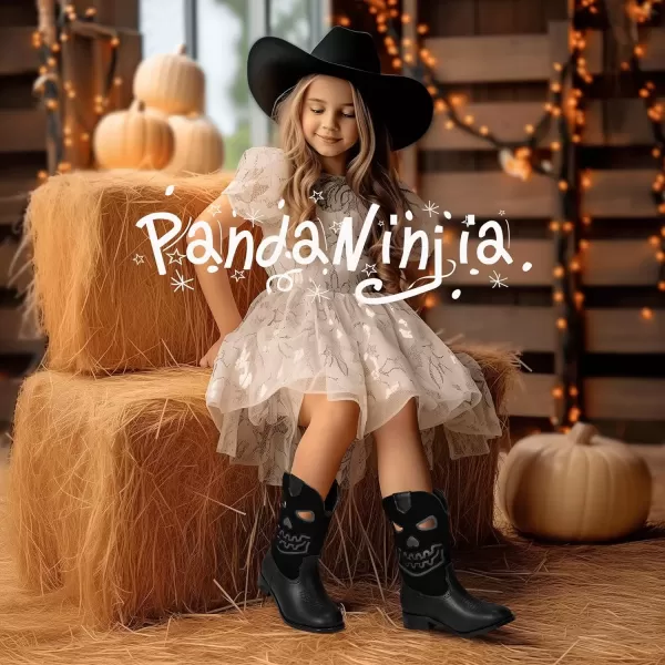 imagePANDANINJIA Girls Cowboy Boots For Boys Kids Toddler Western Mid Calf Cowgirl Boots Riding Shoes With Halloween Skull Element BootiesBlack