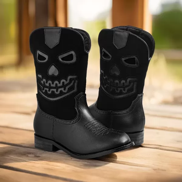 imagePANDANINJIA Girls Cowboy Boots For Boys Kids Toddler Western Mid Calf Cowgirl Boots Riding Shoes With Halloween Skull Element BootiesBlack