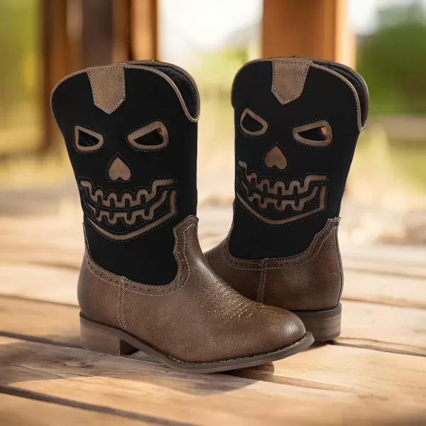 imagePANDANINJIA Girls Cowboy Boots For Boys Kids Toddler Western Mid Calf Cowgirl Boots Riding Shoes With Halloween Skull Element BootiesBrownblack