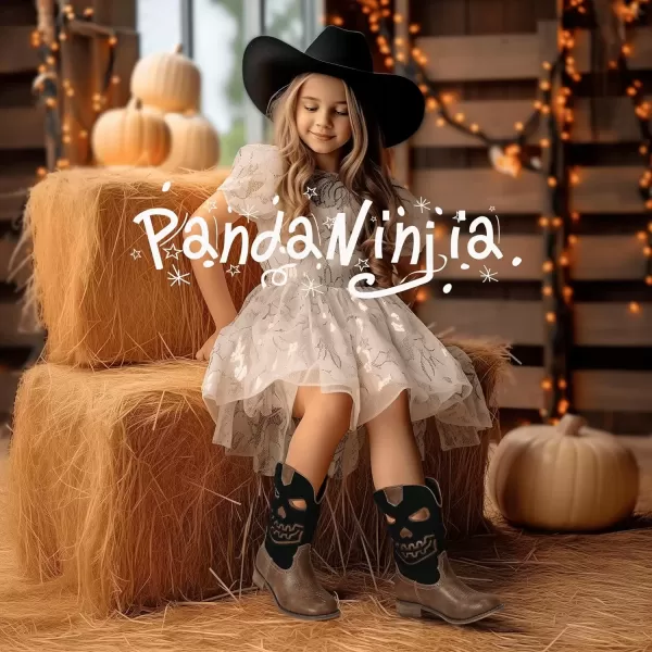 imagePANDANINJIA Girls Cowboy Boots For Boys Kids Toddler Western Mid Calf Cowgirl Boots Riding Shoes With Halloween Skull Element BootiesBrownblack