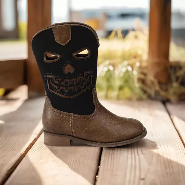 imagePANDANINJIA Girls Cowboy Boots For Boys Kids Toddler Western Mid Calf Cowgirl Boots Riding Shoes With Halloween Skull Element BootiesBrownblack