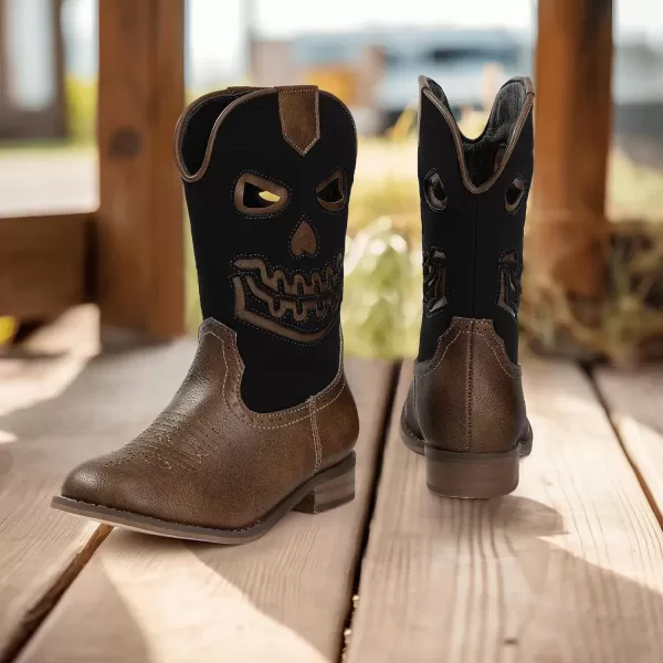 imagePANDANINJIA Girls Cowboy Boots For Boys Kids Toddler Western Mid Calf Cowgirl Boots Riding Shoes With Halloween Skull Element BootiesBrownblack