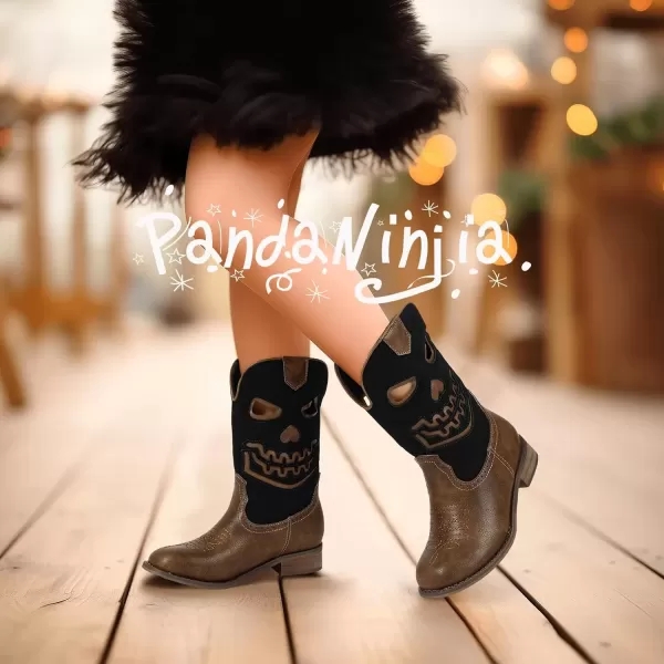 imagePANDANINJIA Girls Cowboy Boots For Boys Kids Toddler Western Mid Calf Cowgirl Boots Riding Shoes With Halloween Skull Element BootiesBrownblack