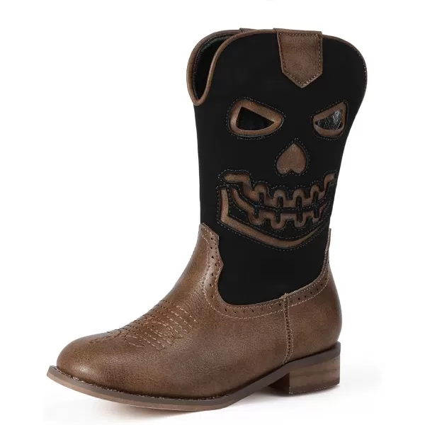 imagePANDANINJIA Girls Cowboy Boots For Boys Kids Toddler Western Mid Calf Cowgirl Boots Riding Shoes With Halloween Skull Element BootiesBrownblack