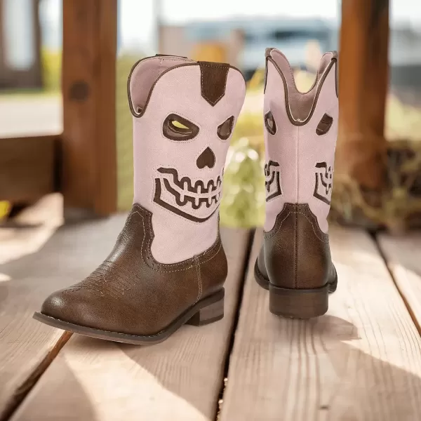 imagePANDANINJIA Girls Cowboy Boots For Boys Kids Toddler Western Mid Calf Cowgirl Boots Riding Shoes With Halloween Skull Element BootiesPinkbrown