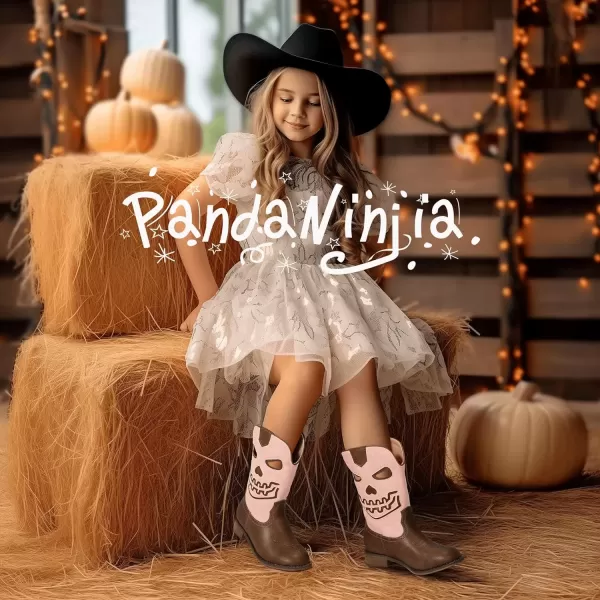 imagePANDANINJIA Girls Cowboy Boots For Boys Kids Toddler Western Mid Calf Cowgirl Boots Riding Shoes With Halloween Skull Element BootiesPinkbrown
