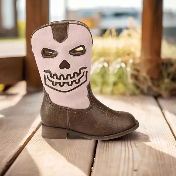 imagePANDANINJIA Girls Cowboy Boots For Boys Kids Toddler Western Mid Calf Cowgirl Boots Riding Shoes With Halloween Skull Element BootiesPinkbrown