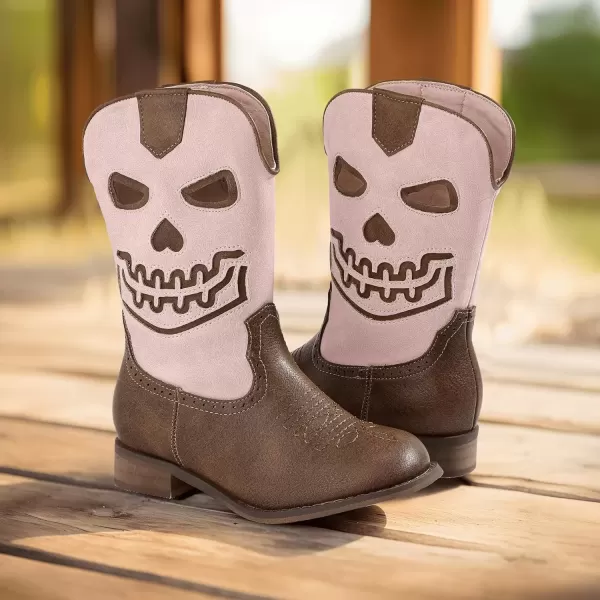 imagePANDANINJIA Girls Cowboy Boots For Boys Kids Toddler Western Mid Calf Cowgirl Boots Riding Shoes With Halloween Skull Element BootiesPinkbrown