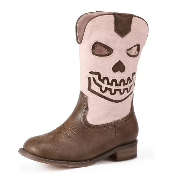 imagePANDANINJIA Girls Cowboy Boots For Boys Kids Toddler Western Mid Calf Cowgirl Boots Riding Shoes With Halloween Skull Element BootiesPinkbrown