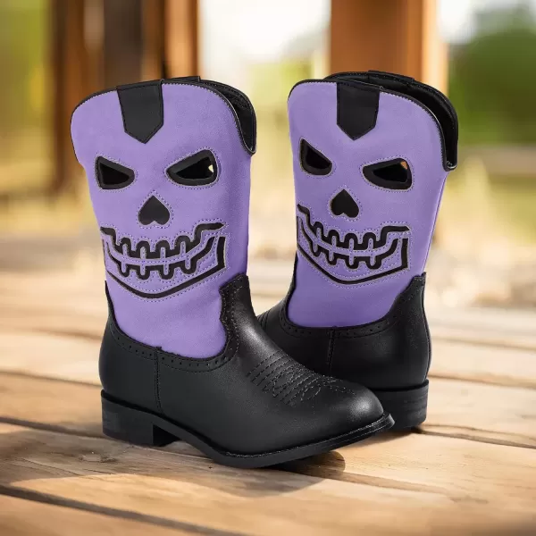 imagePANDANINJIA Girls Cowboy Boots For Boys Kids Toddler Western Mid Calf Cowgirl Boots Riding Shoes With Halloween Skull Element BootiesPurpleblack