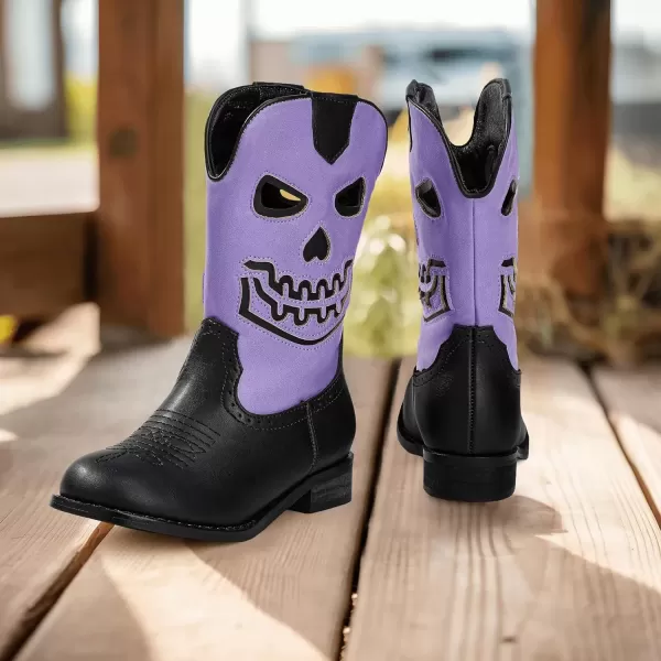 imagePANDANINJIA Girls Cowboy Boots For Boys Kids Toddler Western Mid Calf Cowgirl Boots Riding Shoes With Halloween Skull Element BootiesPurpleblack