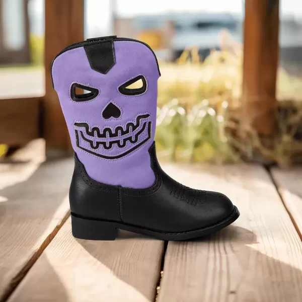imagePANDANINJIA Girls Cowboy Boots For Boys Kids Toddler Western Mid Calf Cowgirl Boots Riding Shoes With Halloween Skull Element BootiesPurpleblack