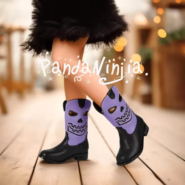 imagePANDANINJIA Girls Cowboy Boots For Boys Kids Toddler Western Mid Calf Cowgirl Boots Riding Shoes With Halloween Skull Element BootiesPurpleblack