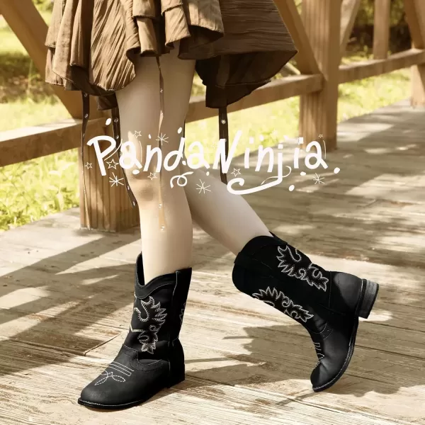 imagePANDANINJIA Girls Cowboy Boots for Boys Kids Toddler Western Cowgirl Boots Round Toe Mid Calf Riding Shoes BootiesBlack