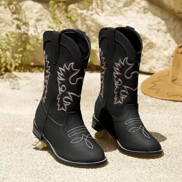 imagePANDANINJIA Girls Cowboy Boots for Boys Kids Toddler Western Cowgirl Boots Round Toe Mid Calf Riding Shoes BootiesBlack