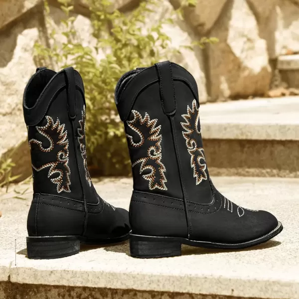 imagePANDANINJIA Girls Cowboy Boots for Boys Kids Toddler Western Cowgirl Boots Round Toe Mid Calf Riding Shoes BootiesBlack