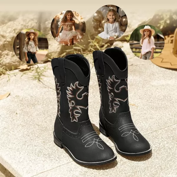 imagePANDANINJIA Girls Cowboy Boots for Boys Kids Toddler Western Cowgirl Boots Round Toe Mid Calf Riding Shoes BootiesBlack