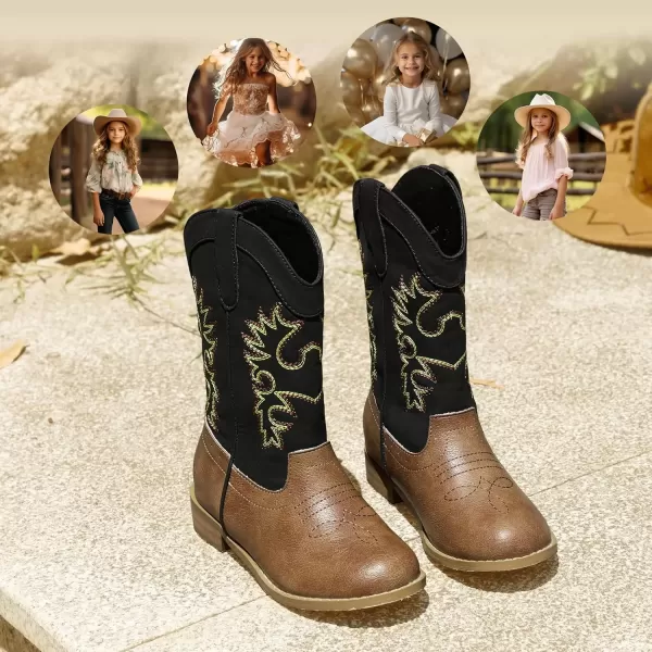 imagePANDANINJIA Girls Cowboy Boots for Boys Kids Toddler Western Cowgirl Boots Round Toe Mid Calf Riding Shoes BootiesBlack Brown