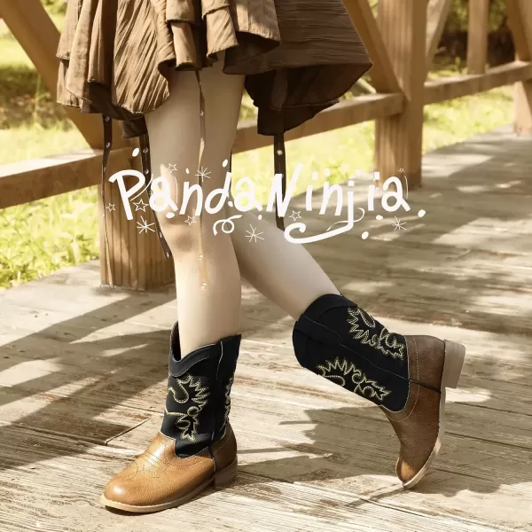 imagePANDANINJIA Girls Cowboy Boots for Boys Kids Toddler Western Cowgirl Boots Round Toe Mid Calf Riding Shoes BootiesBlack Brown