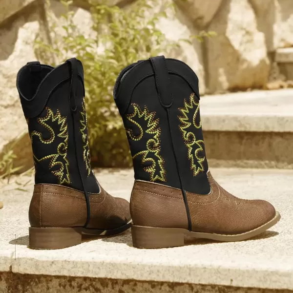 imagePANDANINJIA Girls Cowboy Boots for Boys Kids Toddler Western Cowgirl Boots Round Toe Mid Calf Riding Shoes BootiesBlack Brown
