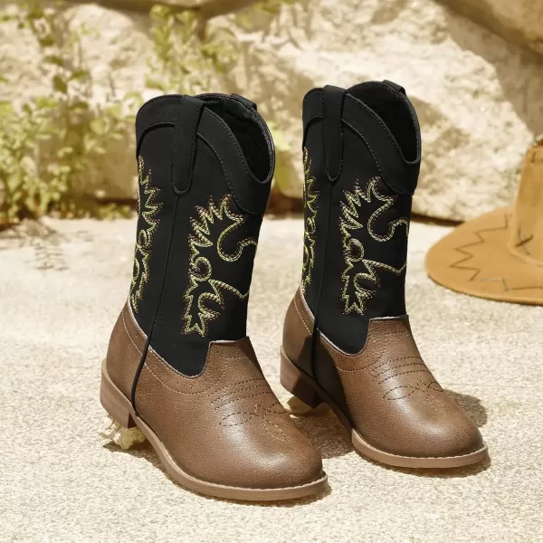 imagePANDANINJIA Girls Cowboy Boots for Boys Kids Toddler Western Cowgirl Boots Round Toe Mid Calf Riding Shoes BootiesBlack Brown