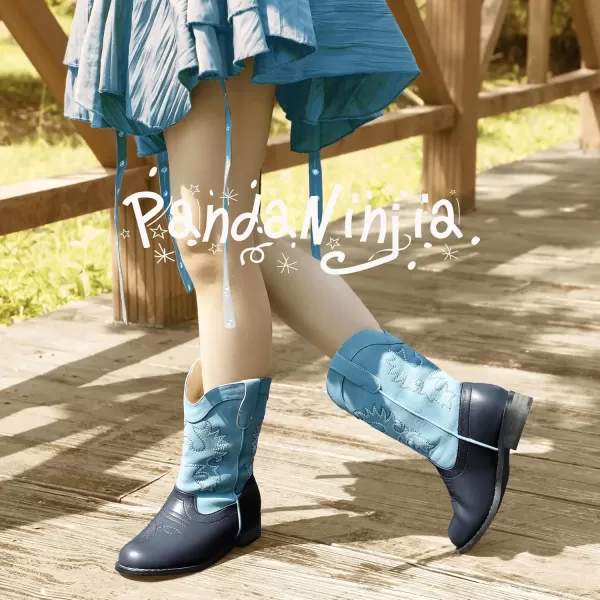 imagePANDANINJIA Girls Cowboy Boots for Boys Kids Toddler Western Cowgirl Boots Round Toe Mid Calf Riding Shoes BootiesBlue Navy