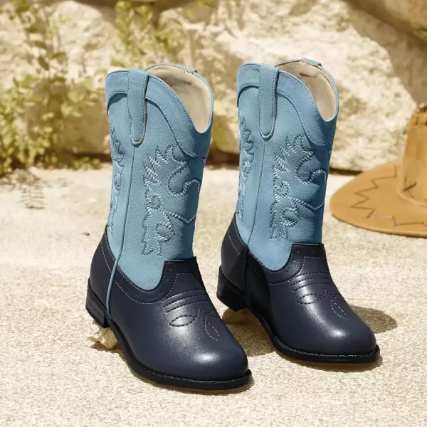 imagePANDANINJIA Girls Cowboy Boots for Boys Kids Toddler Western Cowgirl Boots Round Toe Mid Calf Riding Shoes BootiesBlue Navy