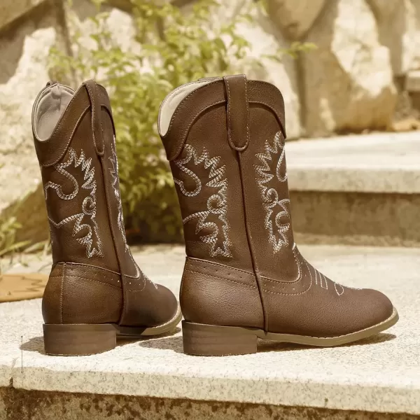 imagePANDANINJIA Girls Cowboy Boots for Boys Kids Toddler Western Cowgirl Boots Round Toe Mid Calf Riding Shoes BootiesBrown