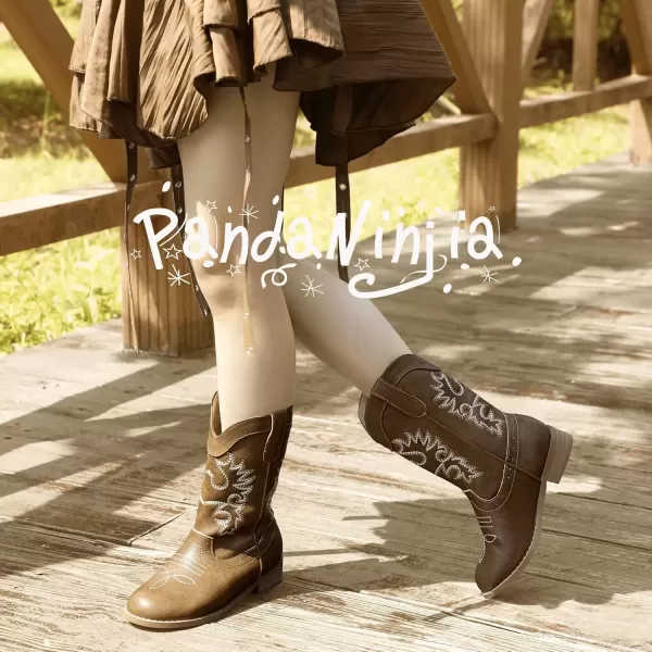 imagePANDANINJIA Girls Cowboy Boots for Boys Kids Toddler Western Cowgirl Boots Round Toe Mid Calf Riding Shoes BootiesBrown