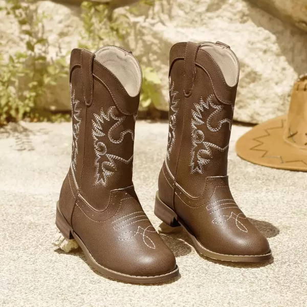 imagePANDANINJIA Girls Cowboy Boots for Boys Kids Toddler Western Cowgirl Boots Round Toe Mid Calf Riding Shoes BootiesBrown