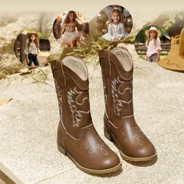 imagePANDANINJIA Girls Cowboy Boots for Boys Kids Toddler Western Cowgirl Boots Round Toe Mid Calf Riding Shoes BootiesBrown