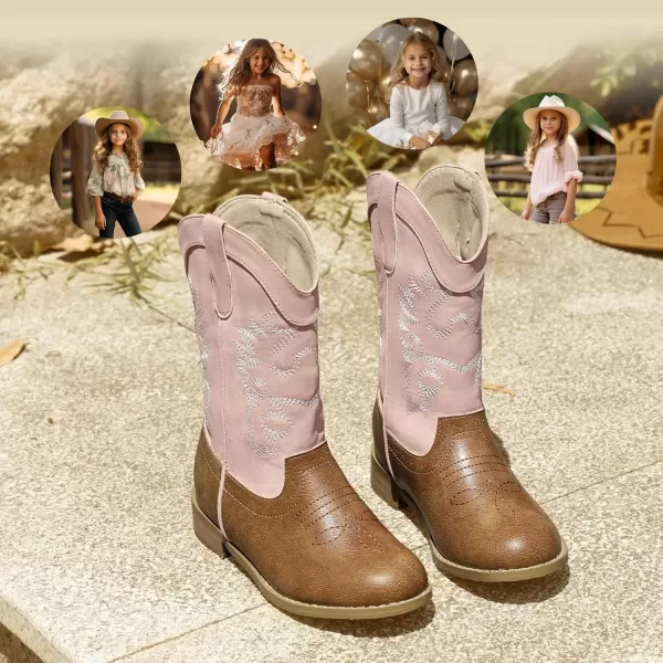 imagePANDANINJIA Girls Cowboy Boots for Boys Kids Toddler Western Cowgirl Boots Round Toe Mid Calf Riding Shoes BootiesPinkbrown