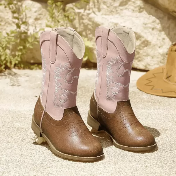 imagePANDANINJIA Girls Cowboy Boots for Boys Kids Toddler Western Cowgirl Boots Round Toe Mid Calf Riding Shoes BootiesPinkbrown