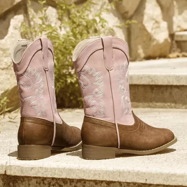 imagePANDANINJIA Girls Cowboy Boots for Boys Kids Toddler Western Cowgirl Boots Round Toe Mid Calf Riding Shoes BootiesPinkbrown