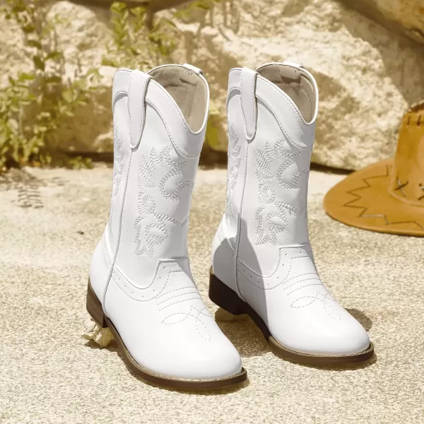 imagePANDANINJIA Girls Cowboy Boots for Boys Kids Toddler Western Cowgirl Boots Round Toe Mid Calf Riding Shoes BootiesWhite