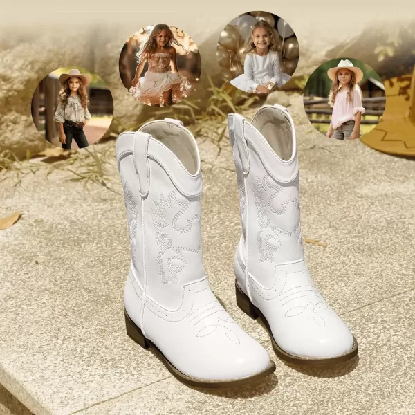 imagePANDANINJIA Girls Cowboy Boots for Boys Kids Toddler Western Cowgirl Boots Round Toe Mid Calf Riding Shoes BootiesWhite