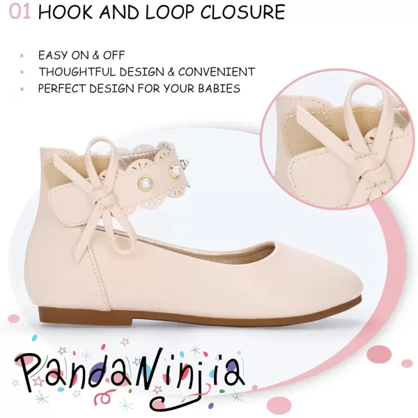 imagePANDANINJIA Girls Dress Shoes Flower Girl Flats Pearls Ballet Bow Mary Jane Ankle Strap Wedding Party Shoes for Toddler Little Big KidBeige Pu