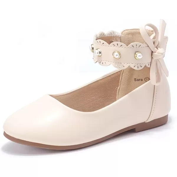 imagePANDANINJIA Girls Dress Shoes Flower Girl Flats Pearls Ballet Bow Mary Jane Ankle Strap Wedding Party Shoes for Toddler Little Big KidBeige Pu