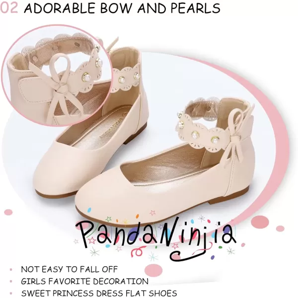 imagePANDANINJIA Girls Dress Shoes Flower Girl Flats Pearls Ballet Bow Mary Jane Ankle Strap Wedding Party Shoes for Toddler Little Big KidBeige Pu