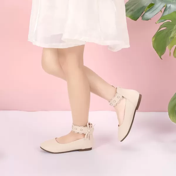 imagePANDANINJIA Girls Dress Shoes Flower Girl Flats Pearls Ballet Bow Mary Jane Ankle Strap Wedding Party Shoes for Toddler Little Big KidBeige Pu