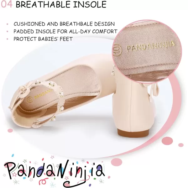imagePANDANINJIA Girls Dress Shoes Flower Girl Flats Pearls Ballet Bow Mary Jane Ankle Strap Wedding Party Shoes for Toddler Little Big KidBeige Pu
