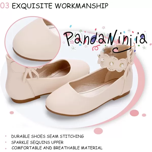 imagePANDANINJIA Girls Dress Shoes Flower Girl Flats Pearls Ballet Bow Mary Jane Ankle Strap Wedding Party Shoes for Toddler Little Big KidBeige Pu