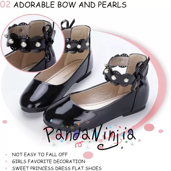 imagePANDANINJIA Girls Dress Shoes Flower Girl Flats Pearls Ballet Bow Mary Jane Ankle Strap Wedding Party Shoes for Toddler Little Big KidBlack Patent