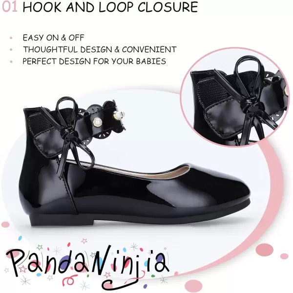 imagePANDANINJIA Girls Dress Shoes Flower Girl Flats Pearls Ballet Bow Mary Jane Ankle Strap Wedding Party Shoes for Toddler Little Big KidBlack Patent