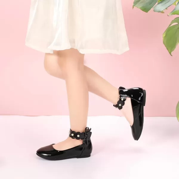 imagePANDANINJIA Girls Dress Shoes Flower Girl Flats Pearls Ballet Bow Mary Jane Ankle Strap Wedding Party Shoes for Toddler Little Big KidBlack Patent