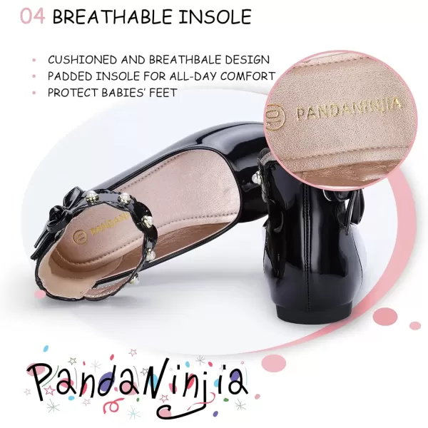 imagePANDANINJIA Girls Dress Shoes Flower Girl Flats Pearls Ballet Bow Mary Jane Ankle Strap Wedding Party Shoes for Toddler Little Big KidBlack Patent