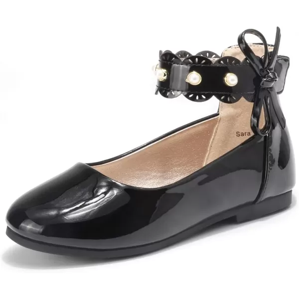 imagePANDANINJIA Girls Dress Shoes Flower Girl Flats Pearls Ballet Bow Mary Jane Ankle Strap Wedding Party Shoes for Toddler Little Big KidBlack Patent