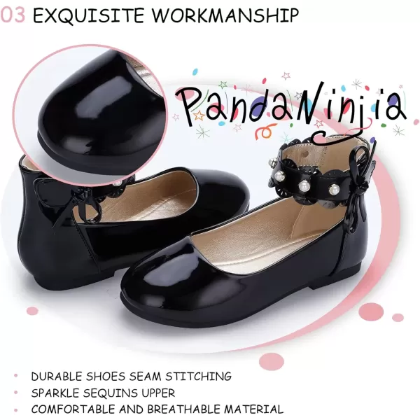 imagePANDANINJIA Girls Dress Shoes Flower Girl Flats Pearls Ballet Bow Mary Jane Ankle Strap Wedding Party Shoes for Toddler Little Big KidBlack Patent