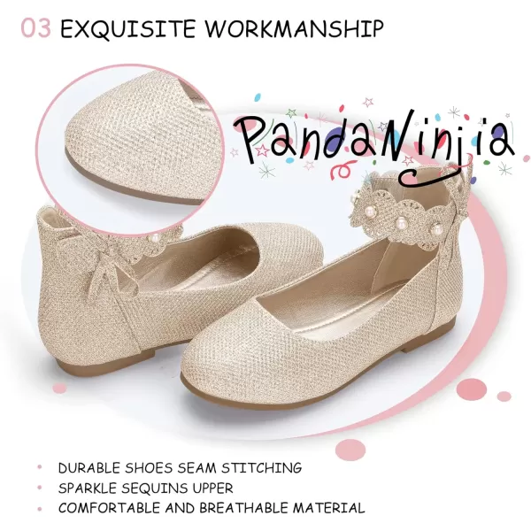 imagePANDANINJIA Girls Dress Shoes Flower Girl Flats Pearls Ballet Bow Mary Jane Ankle Strap Wedding Party Shoes for Toddler Little Big KidGold Glitter